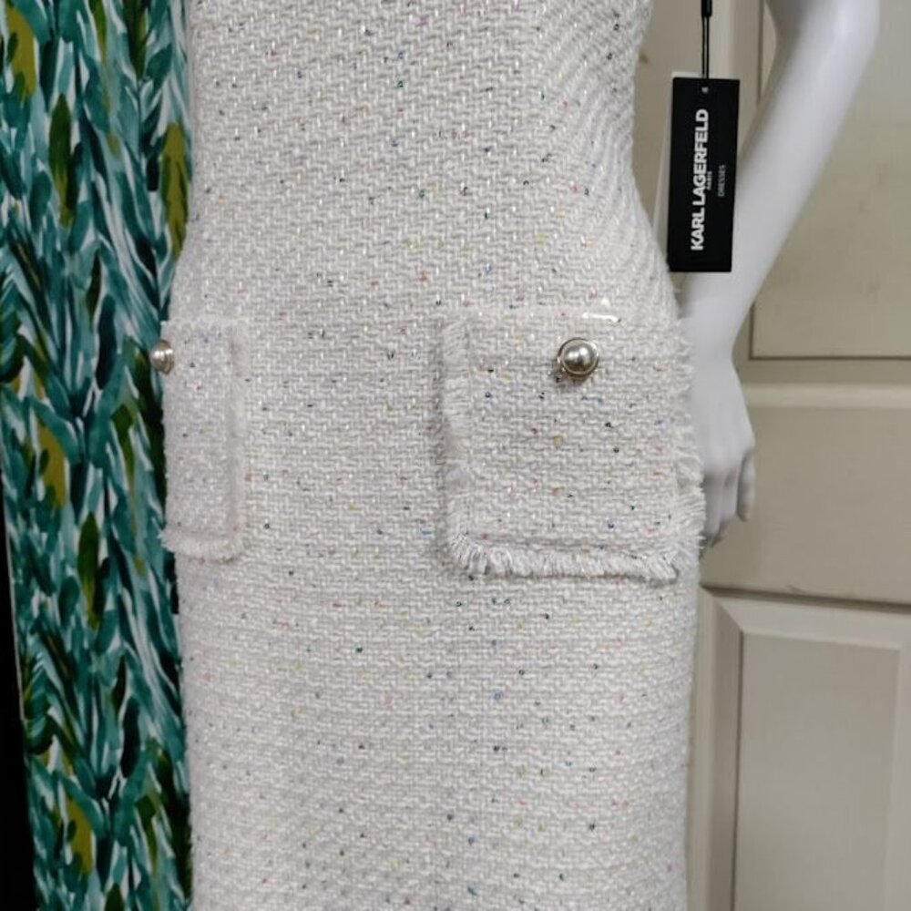 NWT Karl Lagerfield Paris Tweed Preppy Formal Shift Dress White Womens Size 10 - Picture 8 of 16